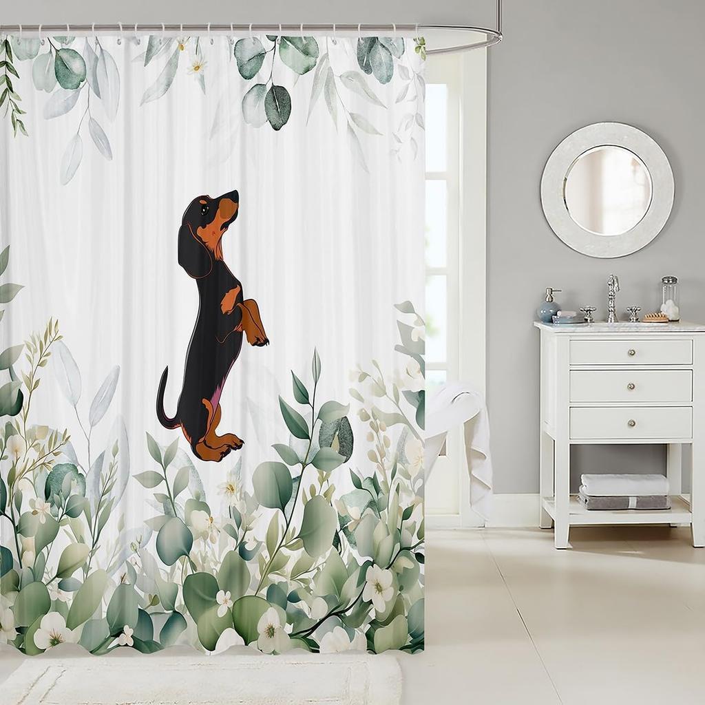 Erosebridal Cute Dachshund Waterproof Bathroom Curtain for Kids Child Green Eucalyptus Bath Curtain, Pet Animal Shower Curtain