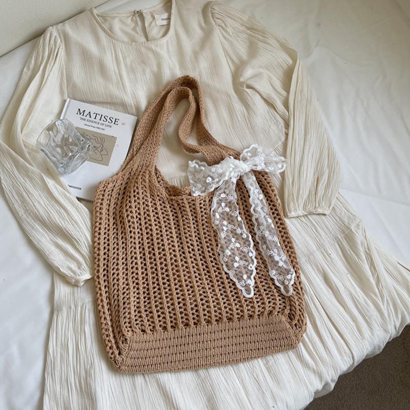 

Yogodlns Summer Straw Beach Tote Bag Women New Fashion Hollow Out Weave Single Shoulder Bags Female Lace Decorate Handbags 38x38cm