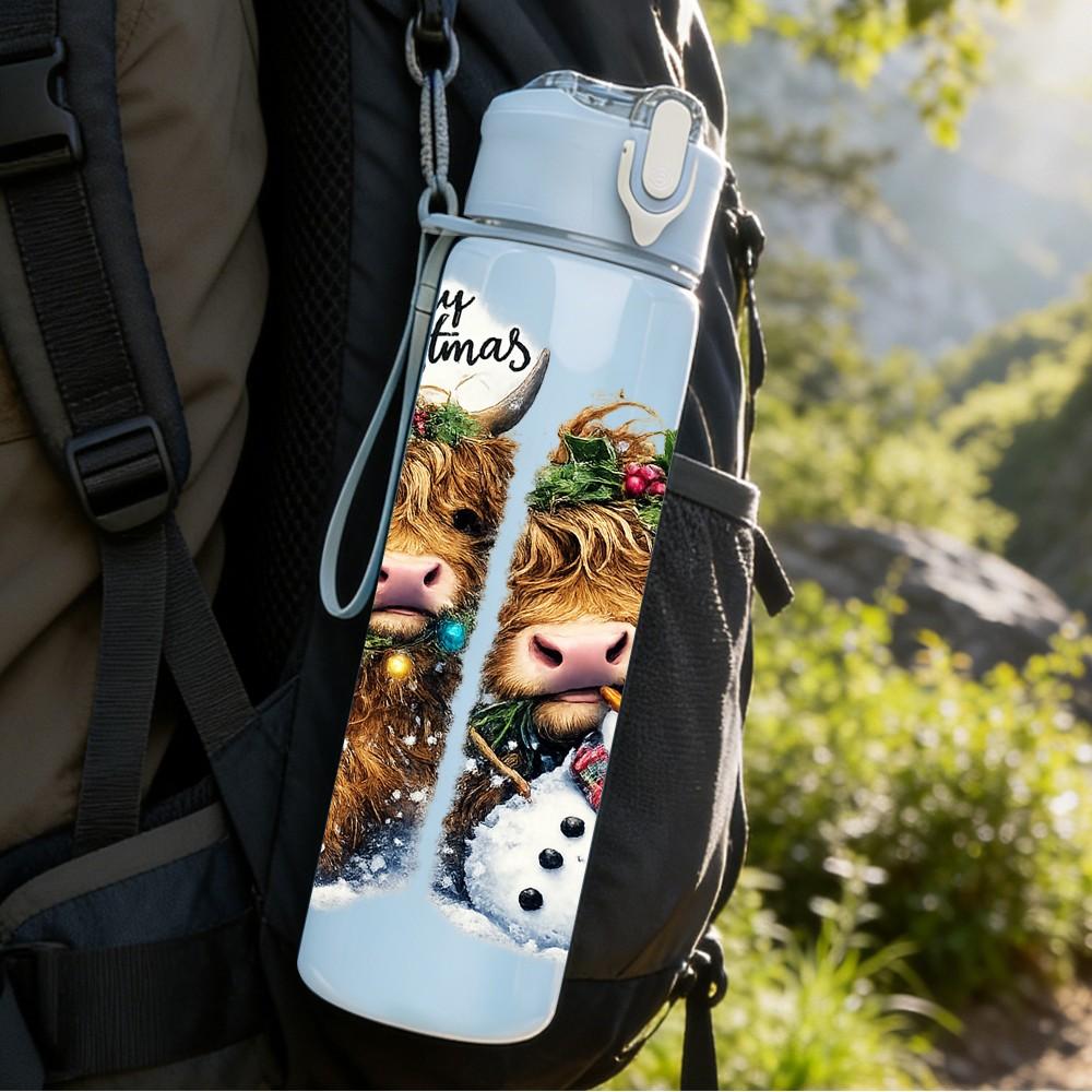 1PC Bear Snow Winter Christmas Cartoon 750ml Color Plastic Sports Water Bottle Leakproof Flip Straw Lid Suitable for Sports Office Home Use