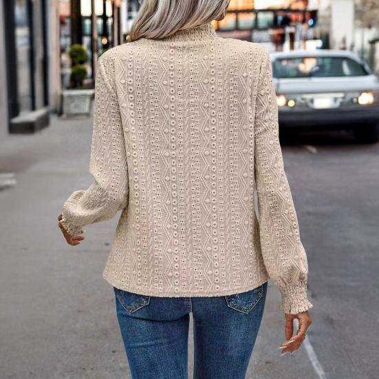 Women Shirt Puff Long Sleeve Stand-Up Collar Soft Stretchy Pullover Tops Hollow Design Casual Tops Office Casual Wear