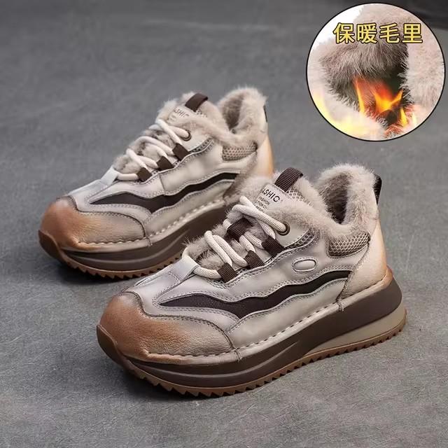 Fashion GKTINOO Genuine Leather Women Boots Lady Platform Flats Plush Warm Causal Autumn Winter Fashion Thick Bottom Sneakers Shoes