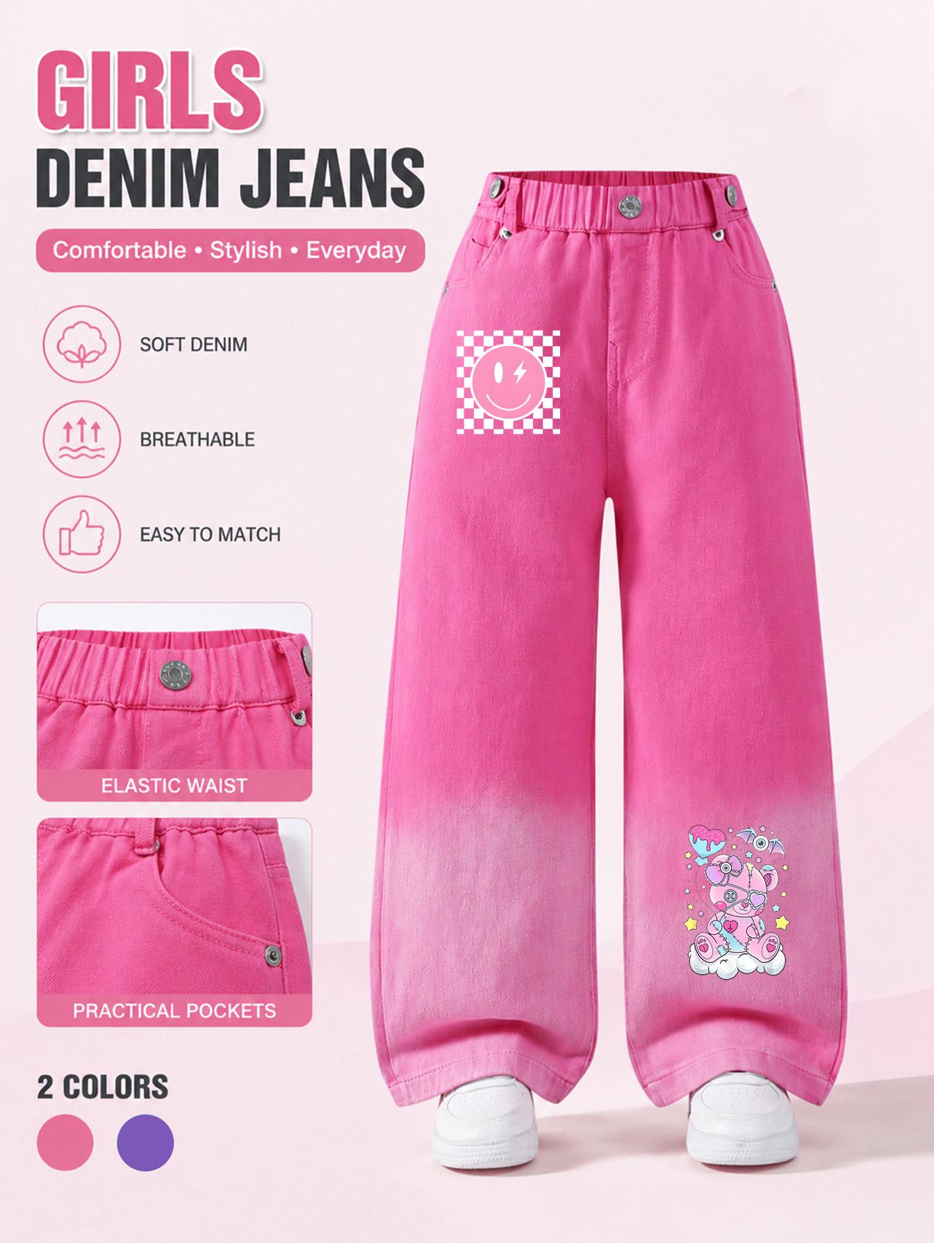 Girls Gradient Trendy Print Wide Leg Jeans, Elastic Waist Casual Denim Pants 110cm