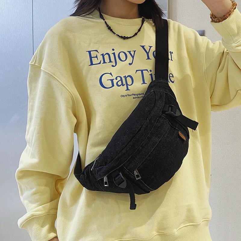 Casual Waist Bag Ladies Designer Denim Fanny Pack Fashion Travel Money Phone Chest Banana Bag Large Capacity Female Bum Belt Bag