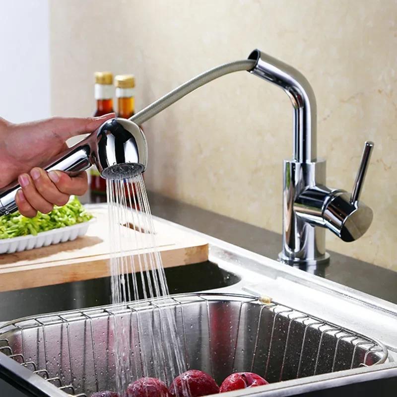 Spray Kitchen Faucet Stainless Steel Pull Out Rotation Faucet Hot Cold Mixer Tap Single Handle Kitchen Sink Faucet Deck Mounted