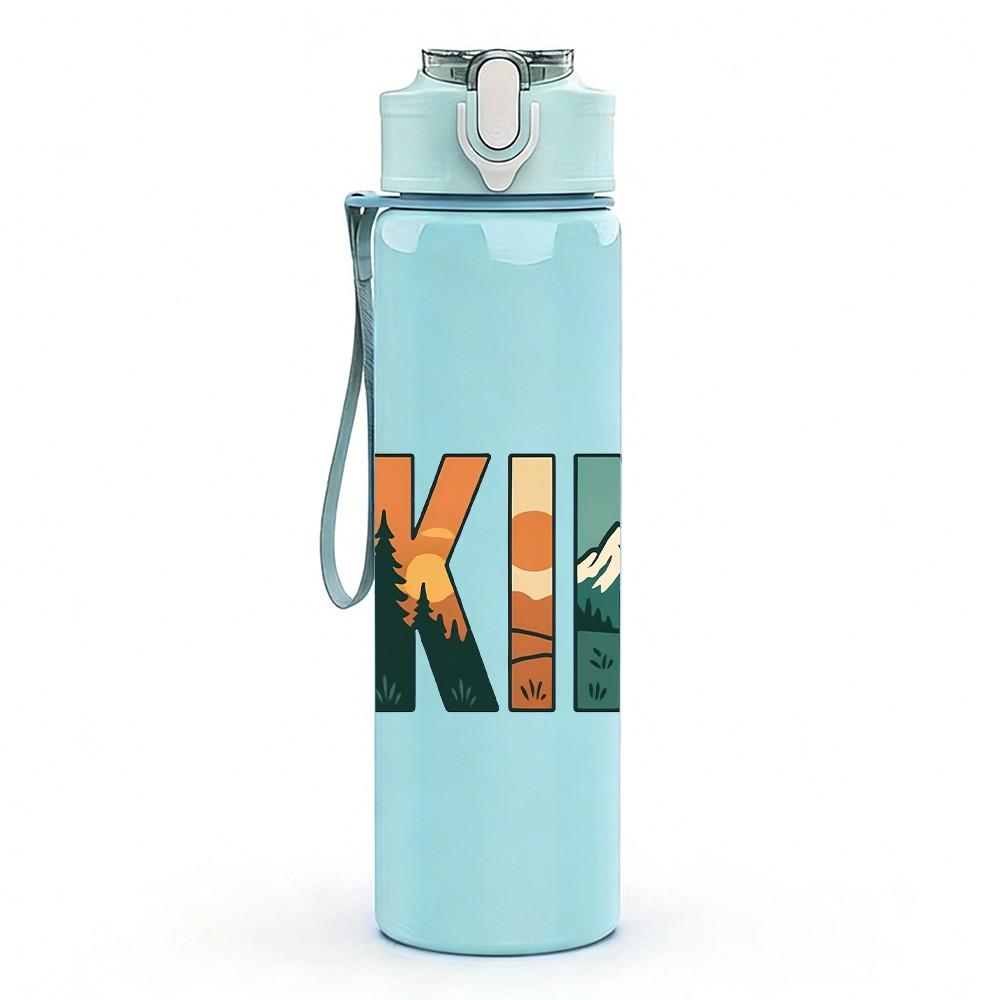 1PC Hiking Retro Bold Letter Text Print 750ml Color Plastic Sports Water Bottle Leakproof Flip Straw Lid Suitable for Sports Office Home Use