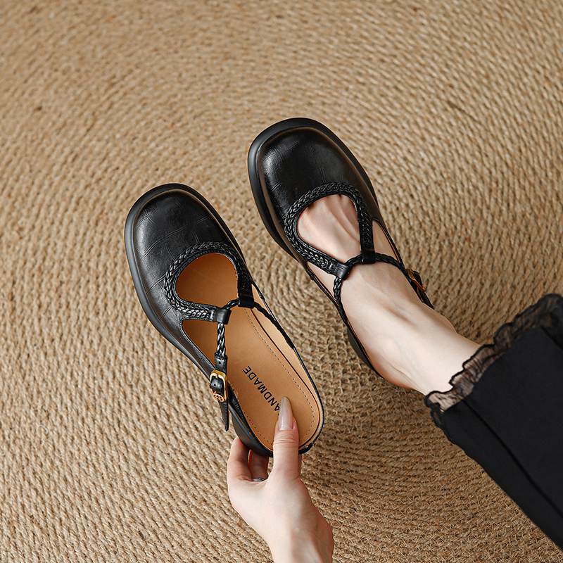 Krazing Pot Cow Skin Round Toe Size 42 Thick Round Med Heels Slip on Platform Mules Gladiator Autumn Pumps