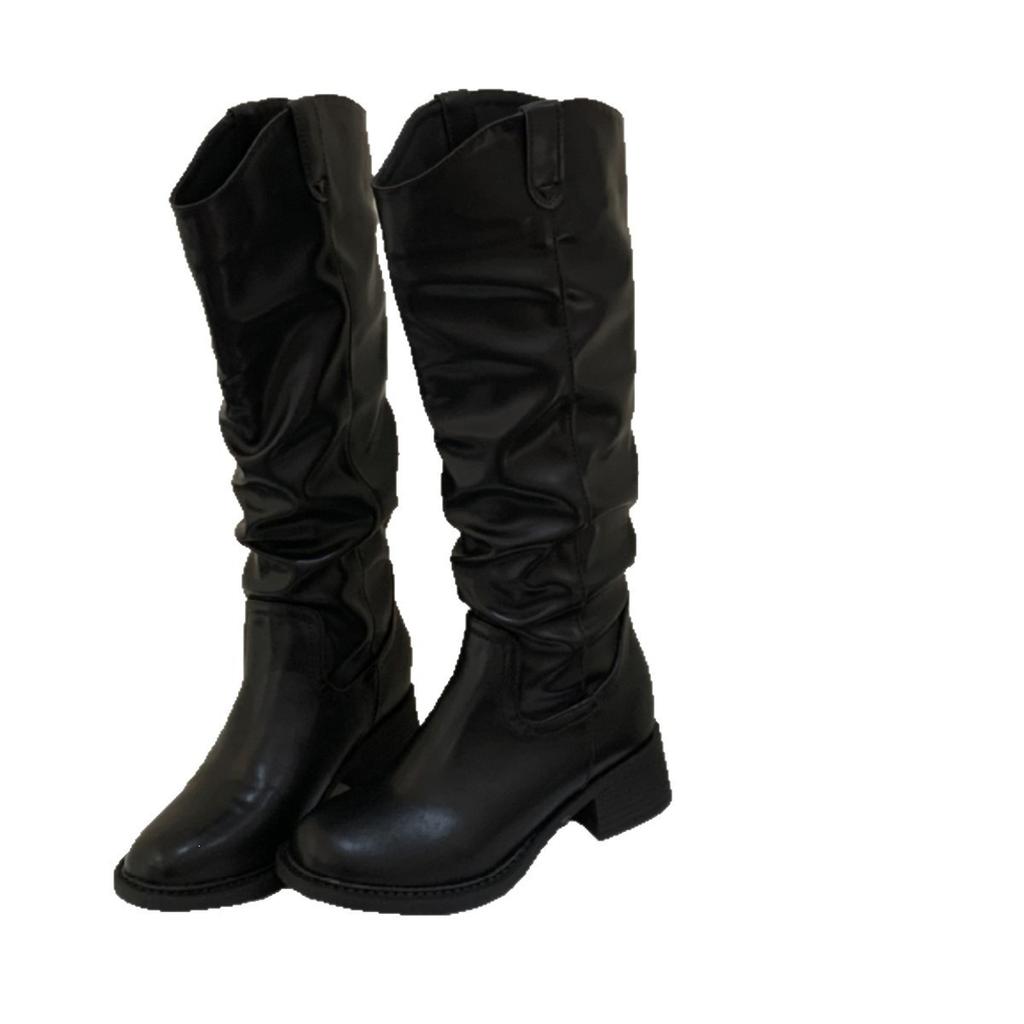 Boots women's thick heel autumn and winter western boots tall retro thin pleated piled boots knight boots