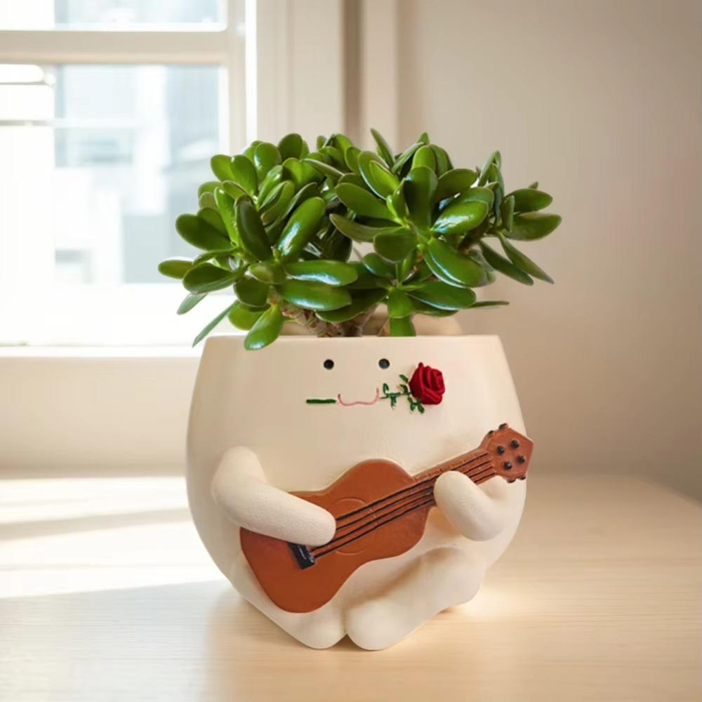 Cartoon Ukulele Flower Pot Cute Smile Face Planter Pot  For Indoor Outdoor Plant