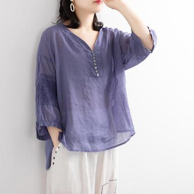 Camicia ricamata in cotone sciolto con scollo a V in stile retrò letterario da donna