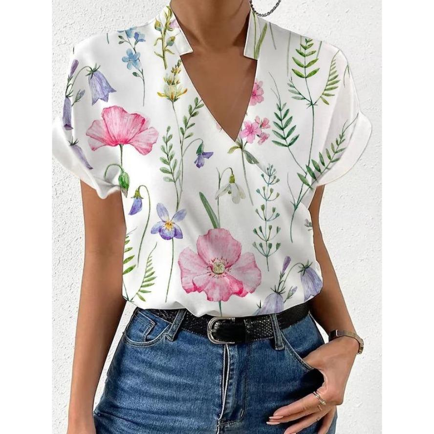 YYFS Damenmode Casual Sommer Frühling Blumenmuster Druck Kurzarm V-Ausschnitt Blusen & Hemden