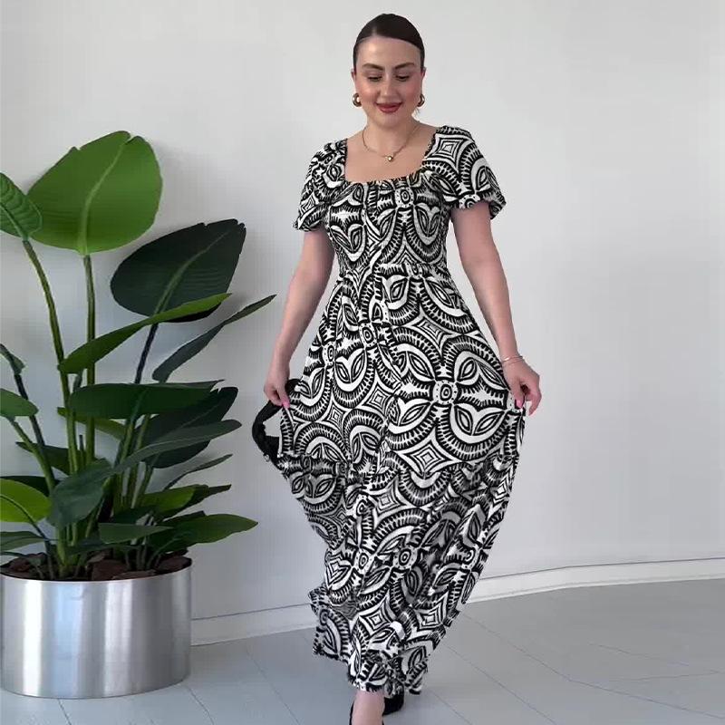 2024 Summer Women's French Retro Square Neck Printed Long Dress