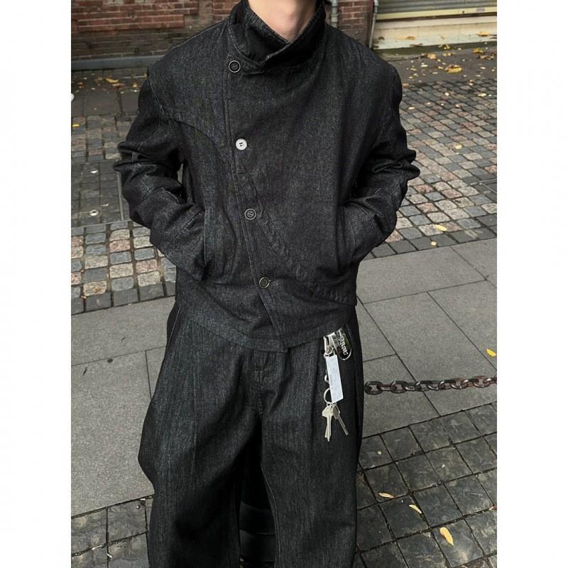 Mens Relaxed Fit Washed Cotton Jacket Casual Streetwear With Zipper Side Pockets