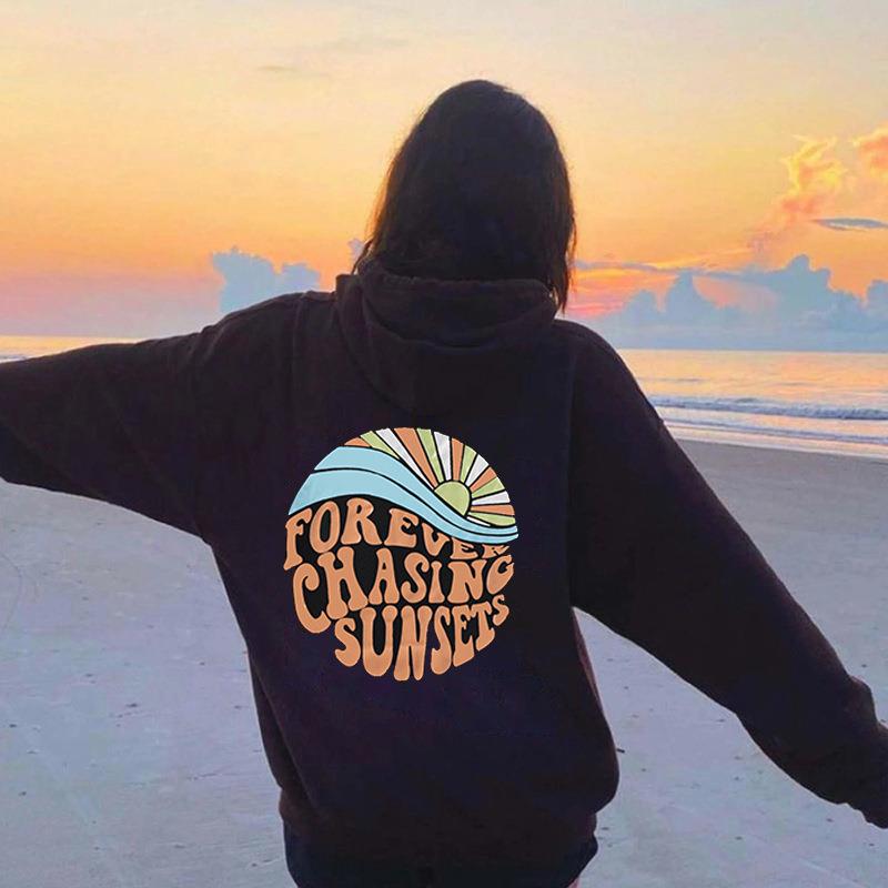 2024 Women's Fleece-Lined Sunset Print Hoodie with Kangaroo Pocket & Drawstring