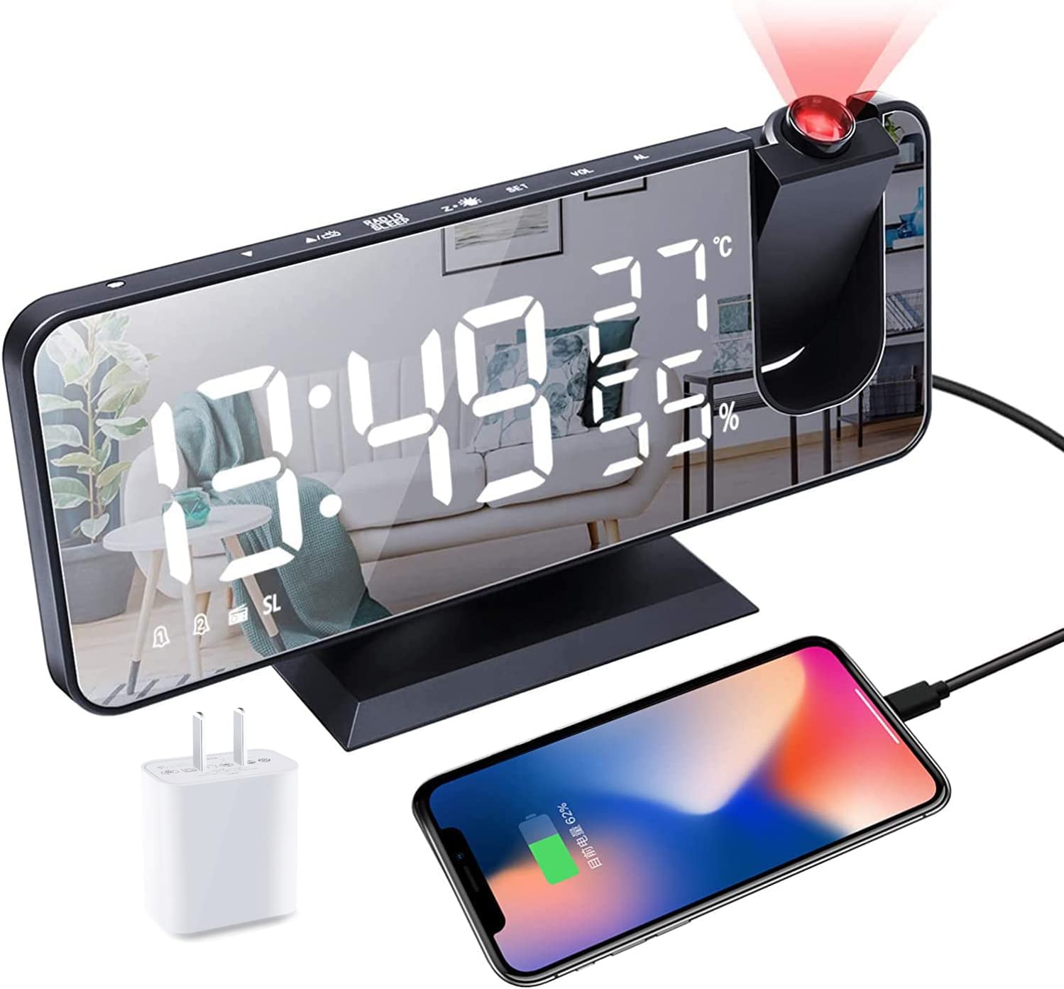 

Clock Radio on Ceiling, USB Charger Port, Temperature & Humidity Display, 7.3” Large Mirror LED Display,12/24H,Snooze,Dual Loud Alarm Clock- 4 Dimmer чёрный