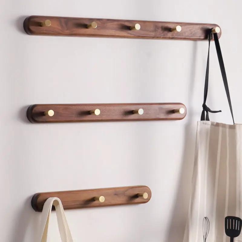 1pc Solid Wood Brass Coat Hook, Black Walnut Wood Coat Hanger, Clothing Hooks,Wall Mounted Storage Rack Drilling Installation