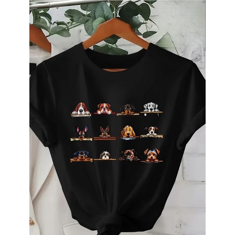Women's Casual Short-Sleeve T-Shirt with Dog Print, Soft Round Neck, Spring/Summer/Autumn Fashion Top, LoveTShirt, Weekend Style