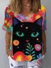 Sommer V-hals 3D Cat Printed Topp Fasjonable Casual Kortermede T-skjorter for kvinner