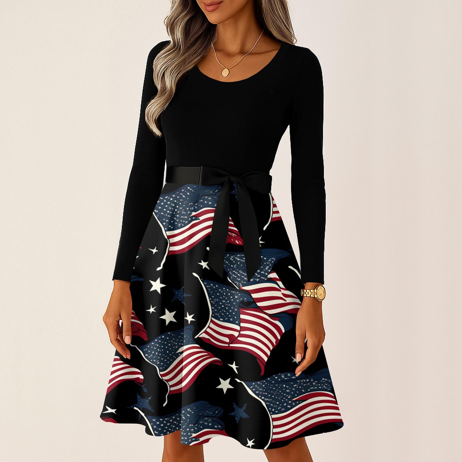

4th of july dress independence day dress long sleeve round neck casual fit and flare printed A-line dress for women holiday outfit L чёрный