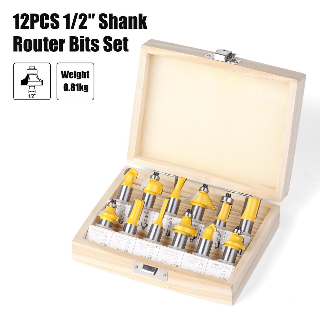 12pcs 6mm 8mm 1/4in 1/2in Shank Router Bits Set Woodworking Milling Cutter Trimming Straight Bits Carbide Engraving Cutting Tool