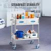 Lab Serving Cart, 2 Layers Stainless Steel Utility Rolling Cart, Medical Cart with Two Drawers, Dental Utility Cart with Lockable Wheels and A Bucket,