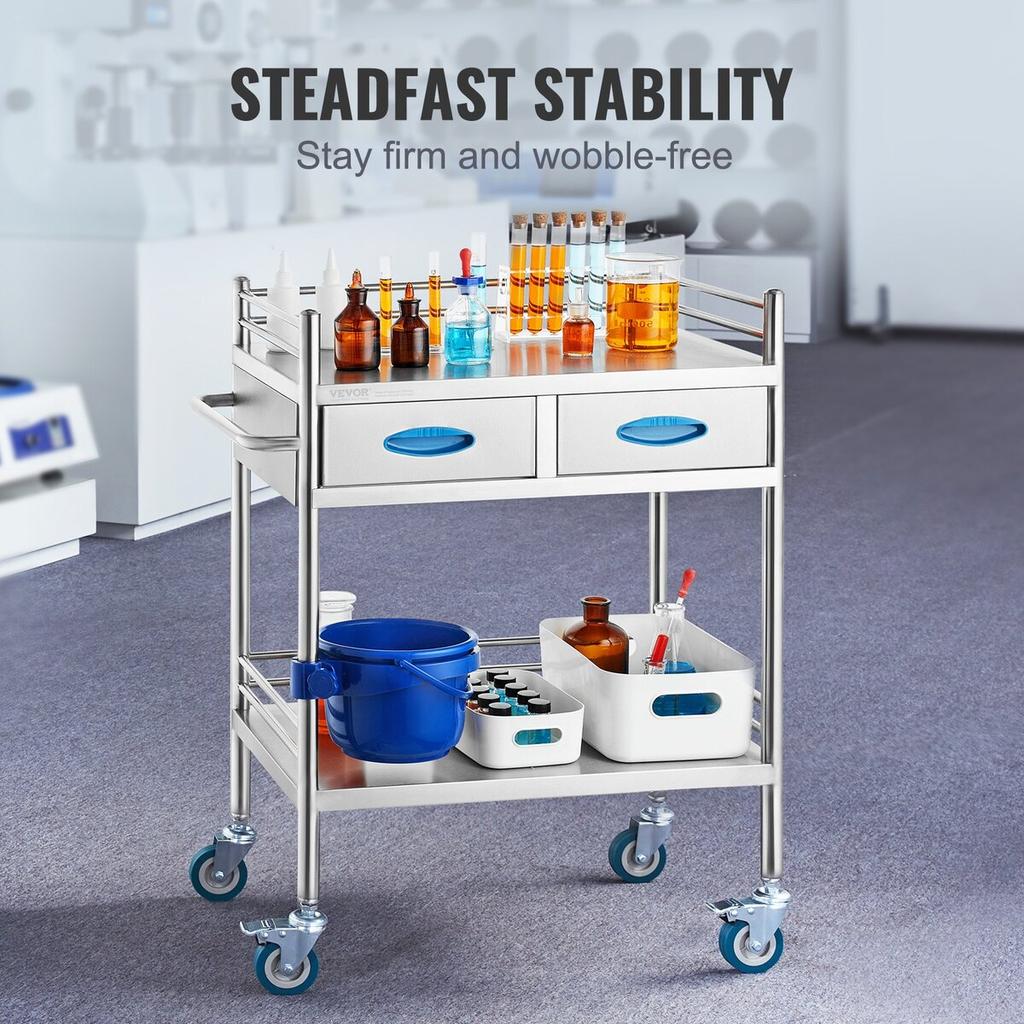 Lab Serving Cart, 2 Layers Stainless Steel Utility Rolling Cart, Medical Cart with Two Drawers, Dental Utility Cart with Lockable Wheels and A Bucket,