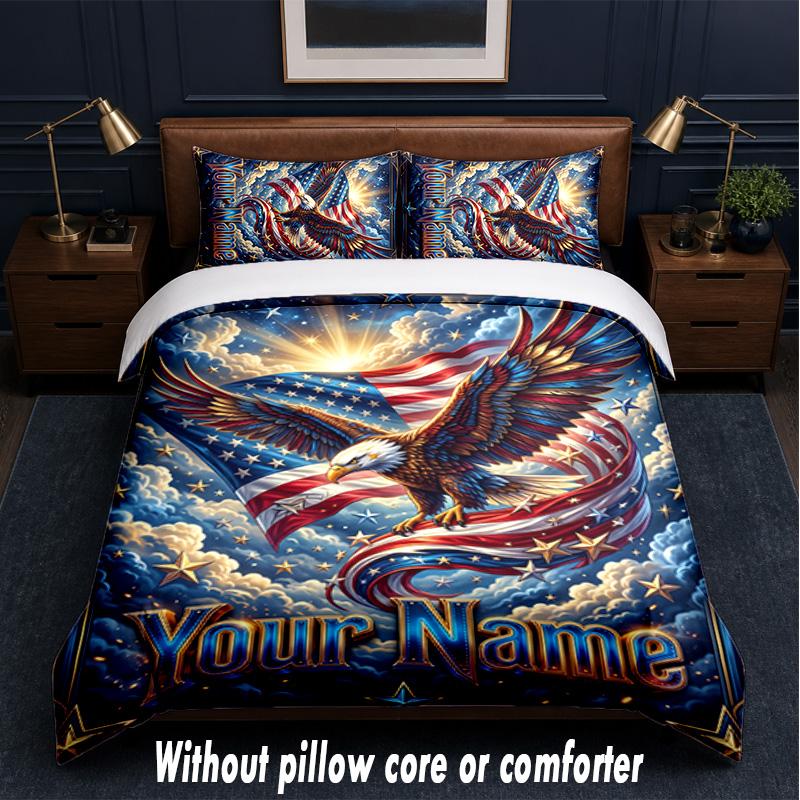 Amerikanisches Patriotisches Thema Benutzerdefinierter Text Oder Name 3-teiliges Bettwäsche-Set, 1 Spannbettlaken & 2 Kissenbezüge Personalisierte Heim-Bettwäsche