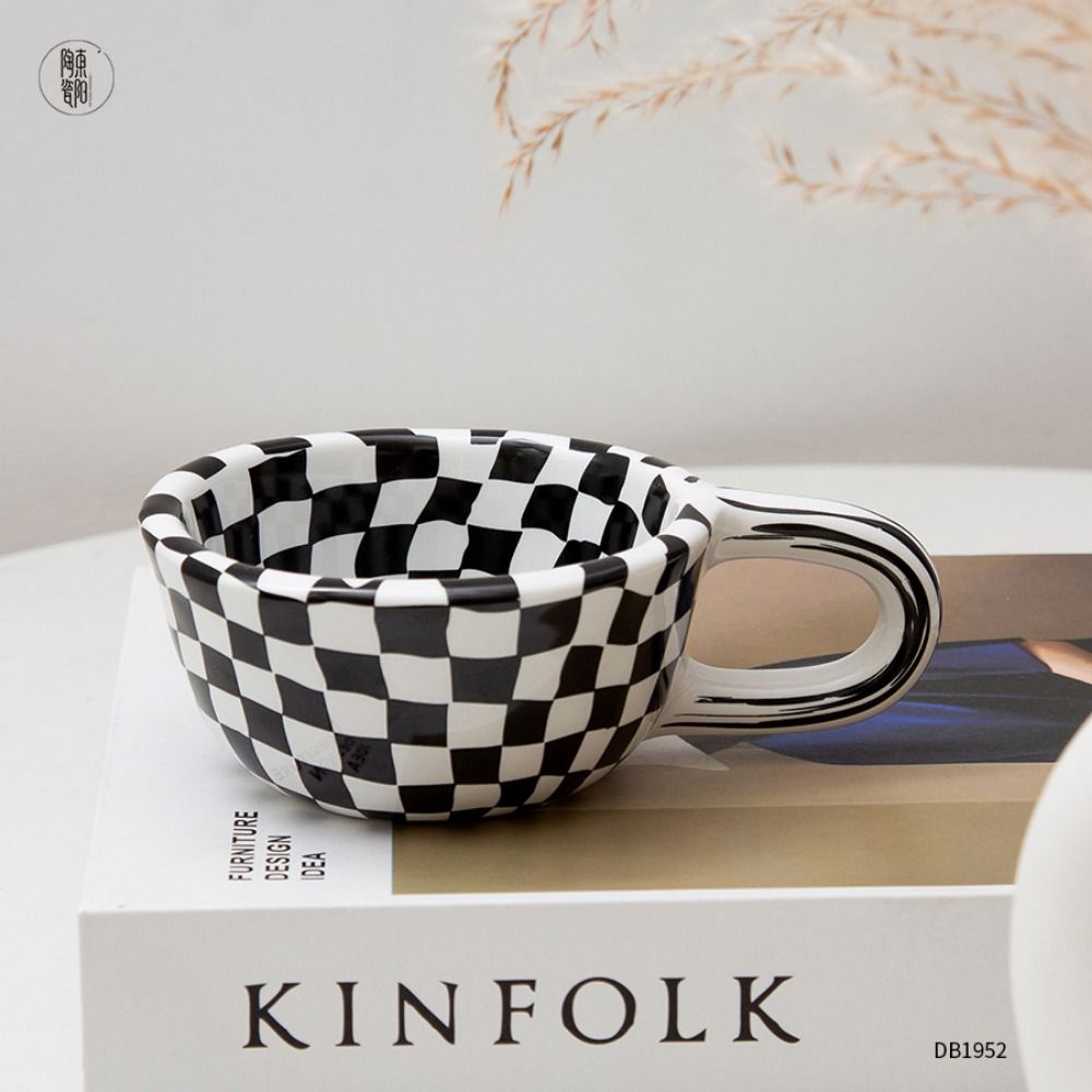 Hand Pinched Irregular Chessboard Mugs Plaid Breakfast Container Creative Water Cups Kitchen