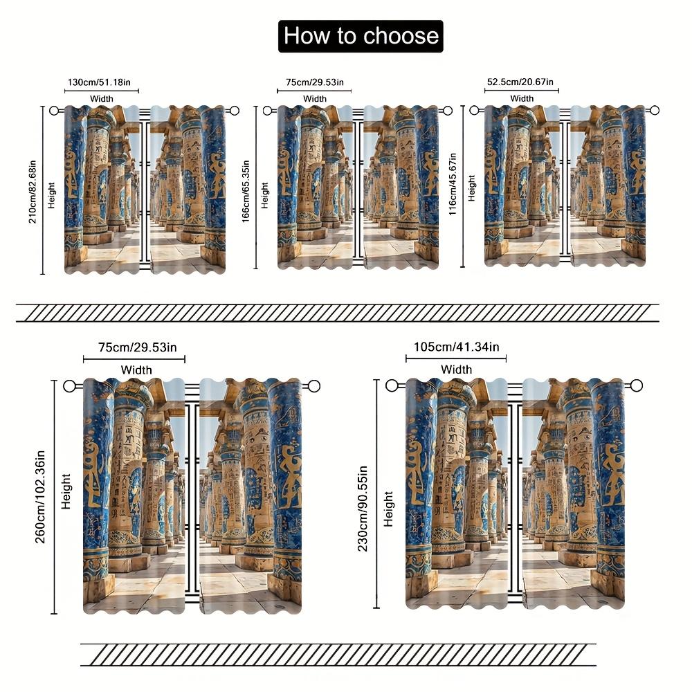 2 Stück Ägyptische Palastvorhänge - 2D Flachdruck   Blau & Goldenes Hieroglyphen-Design   Halbtransparentes Polyester für das Wohnzimmer