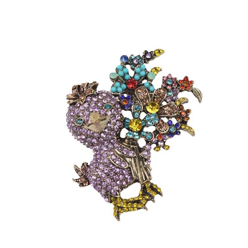 Medieval Vintage Bouquet Cartoon Chick Full Diamond Brooch Corsage, Colorful Retro Jewelry