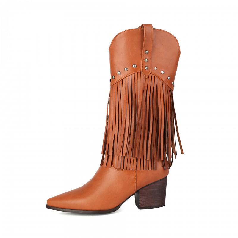 Womens High Shaft Boots With Fringe Detail PU Leather Pointed Toe Side Zip Winter Fashion Boot In Black Brown