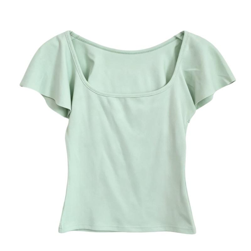 Sexy Pure Desire Slim and Thin Small Flying Sleeve T-shirt Women's Summer Niche Square Collar Solid Color Versatile Top Trendy Ins
