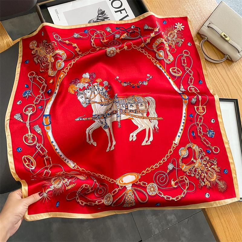 Lenço Quadrado de Cetim de Seda 100% Puro Alta Qualidade para Mulheres Estampado Bolsa de Mão Pulseiras de Pulso Xale Feminino Lenço de Pescoço Foulard