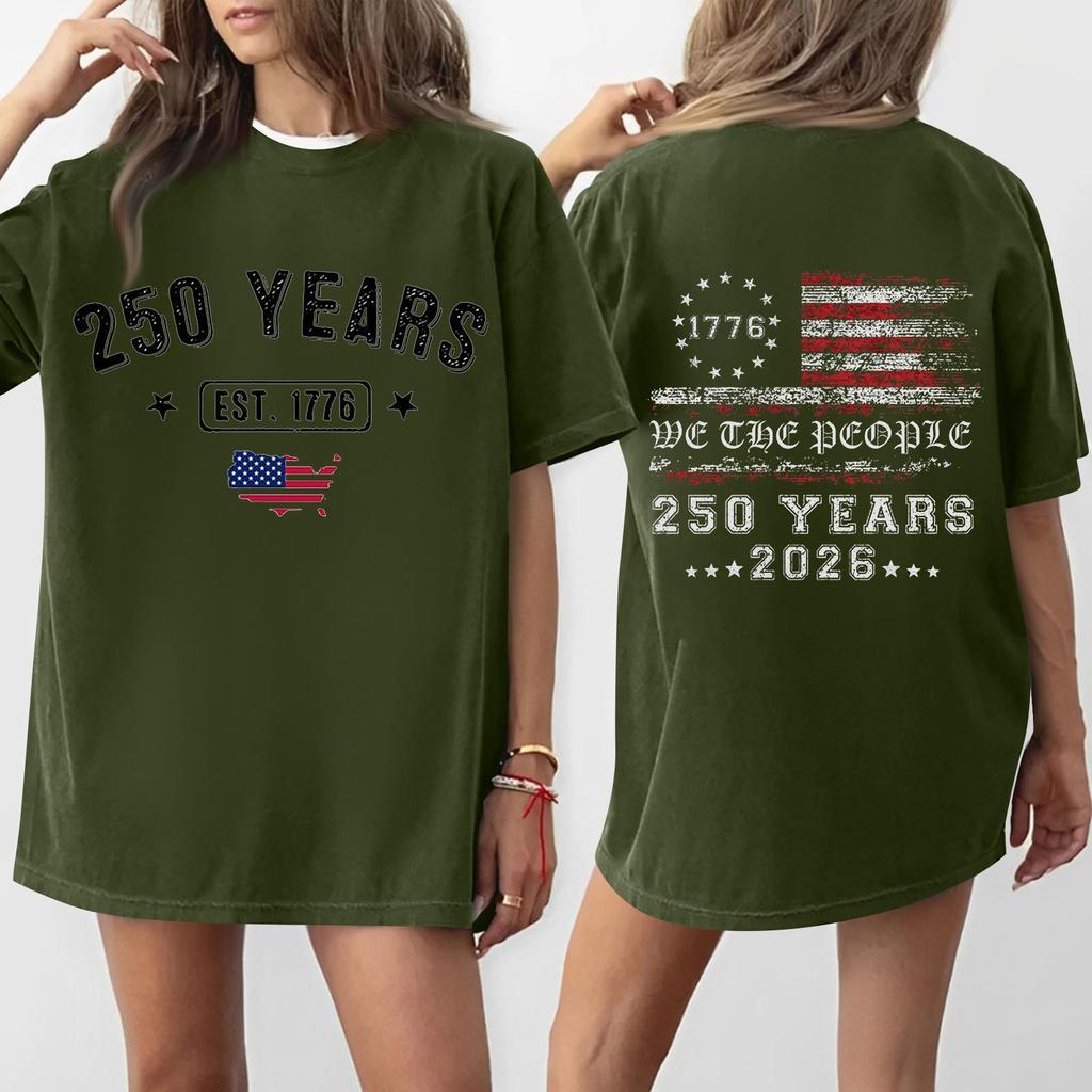 Women's Casual Independence Day 250 Anniversary Printed T-shirt Round Neck Pullover Short Sleeve Top