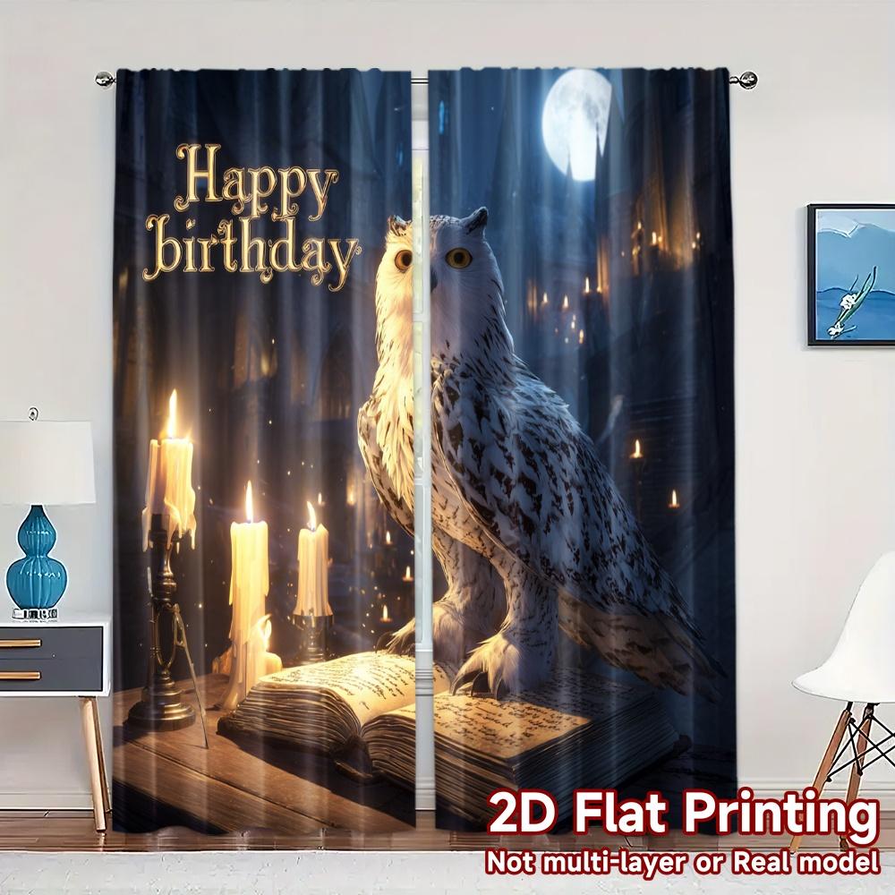 

Flat Printing Curtains Without Rod Owlmagicnight Pattern Chic Versatile Fabric Decorations Inside Set Of 2 Made Polyester W100*H70(CM)-Grommet top&2PCS