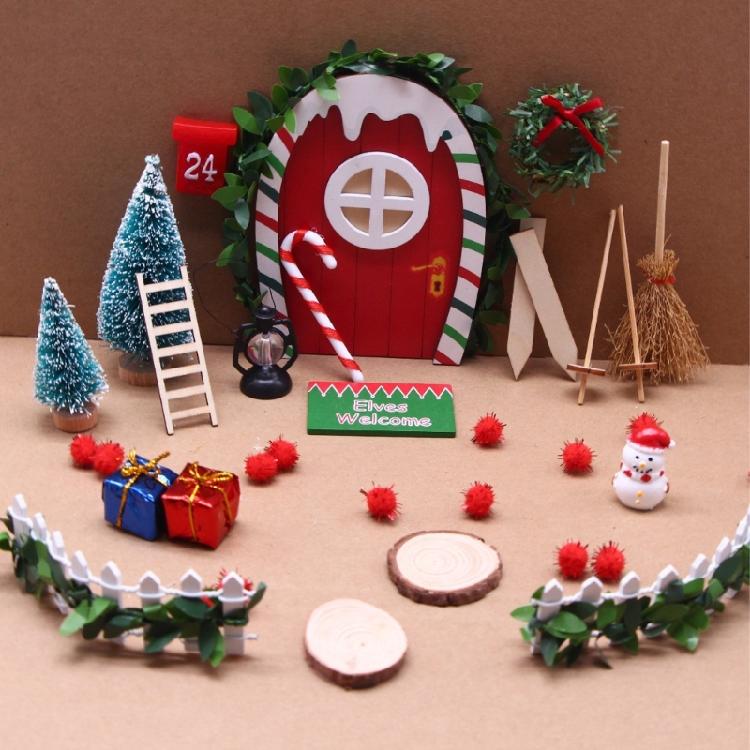 Ensemble de Scène de Porte d'Elfe de Noël Gnomes Miniatures Accessoires de Porte Maison de Fées Kits Décoratifs pour Maison de Poupée 1/12 Paysage