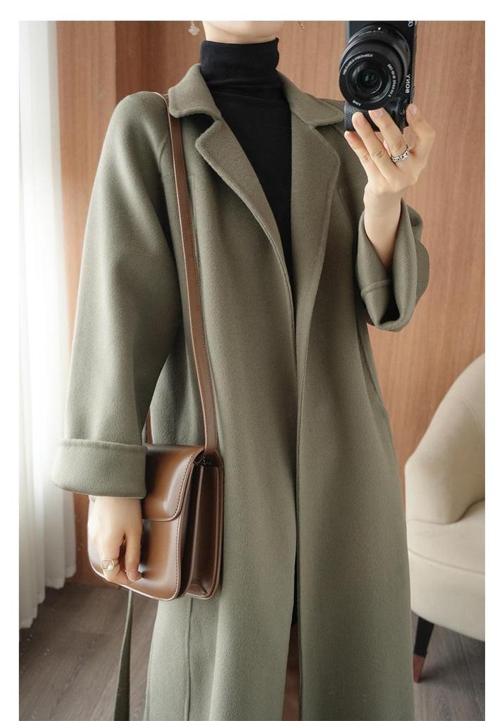 Women's Mid-Length Wool Coat with Side Slits, Lapel Collar, Belt, and Loose Plus Size Fit