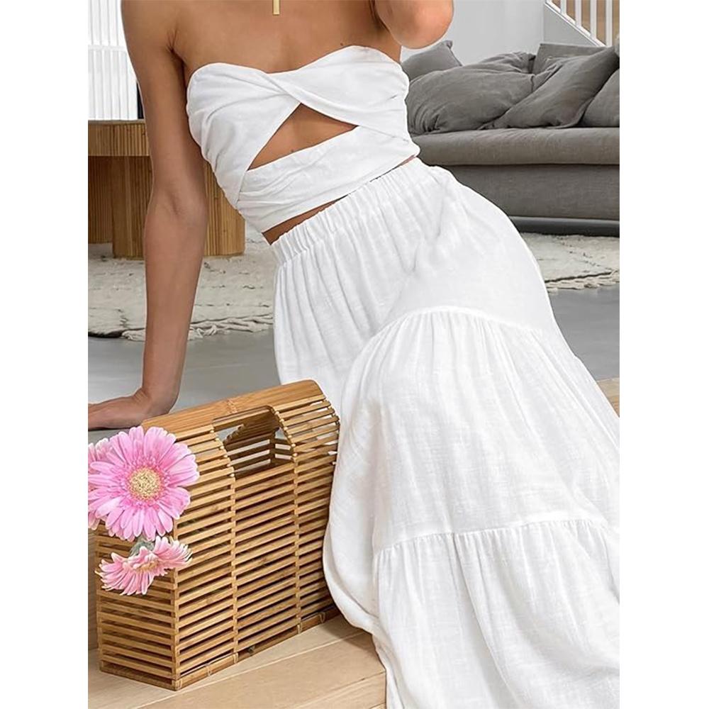 Women’s Summer Boho Flowy Swing Tiered A-Line Maxi Skirt 2025 Fashion Trendy Elastic Waist Pleated Long Beach Dress