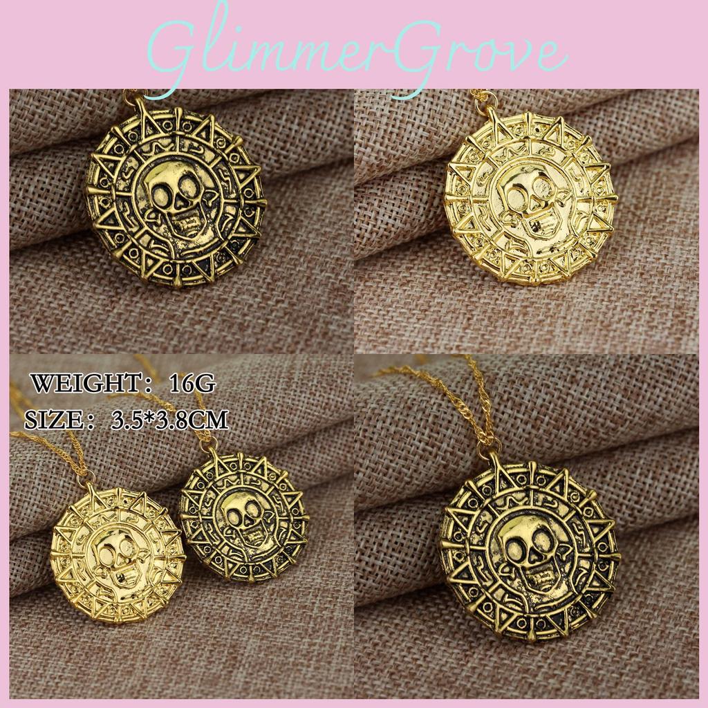 Pirates Of The Caribbean Aztec Gold Coin Necklace For Men With Skull Pendant And Water Wave Chain