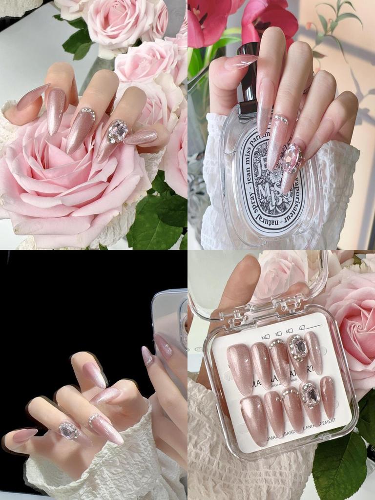 Original Photographyhandmade Nail Patch For Therapy New Trendy Luxury Long Cat Eye Nail With Sparkling Gems S44 Almond Love Girl)