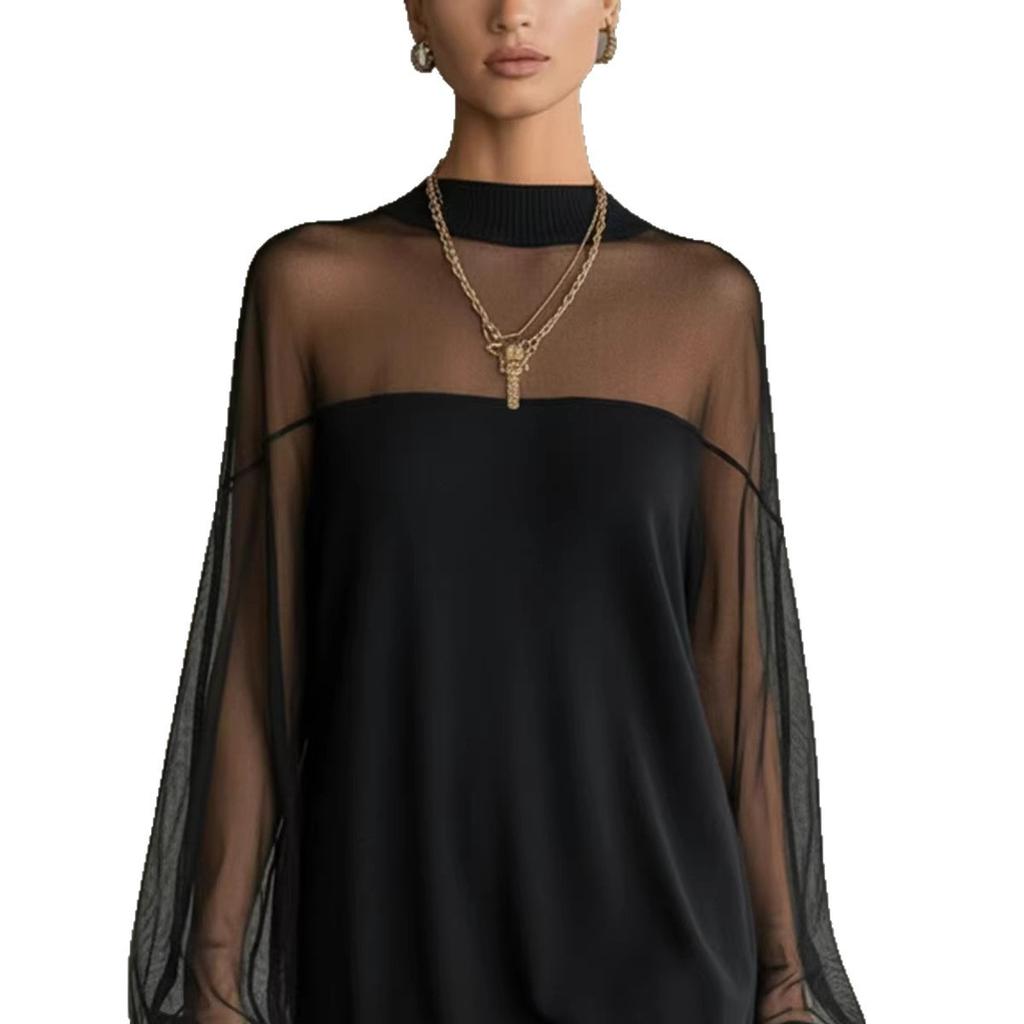 Novedad Vestido Jersey de Manga Larga Transparente con Patchwork de Malla Redonda para Mujer Estilo Europeo Americano