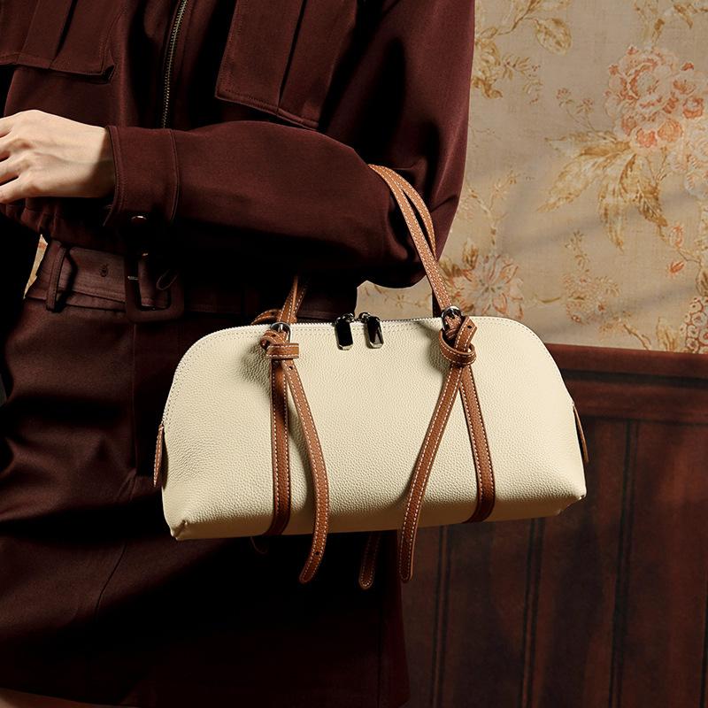 Vintage Genuine Leather Shell Shoulder Bag Ctrast Color Soft Designer Handbag Adjustable Strap Female Underarm Hobo Tote