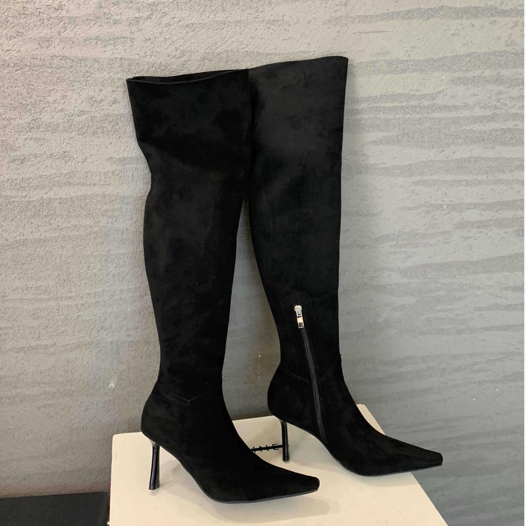 2025 autumn and winter new over-the-knee boots for women wear large tube circumference suede pointed heel high heel pleated piled boots