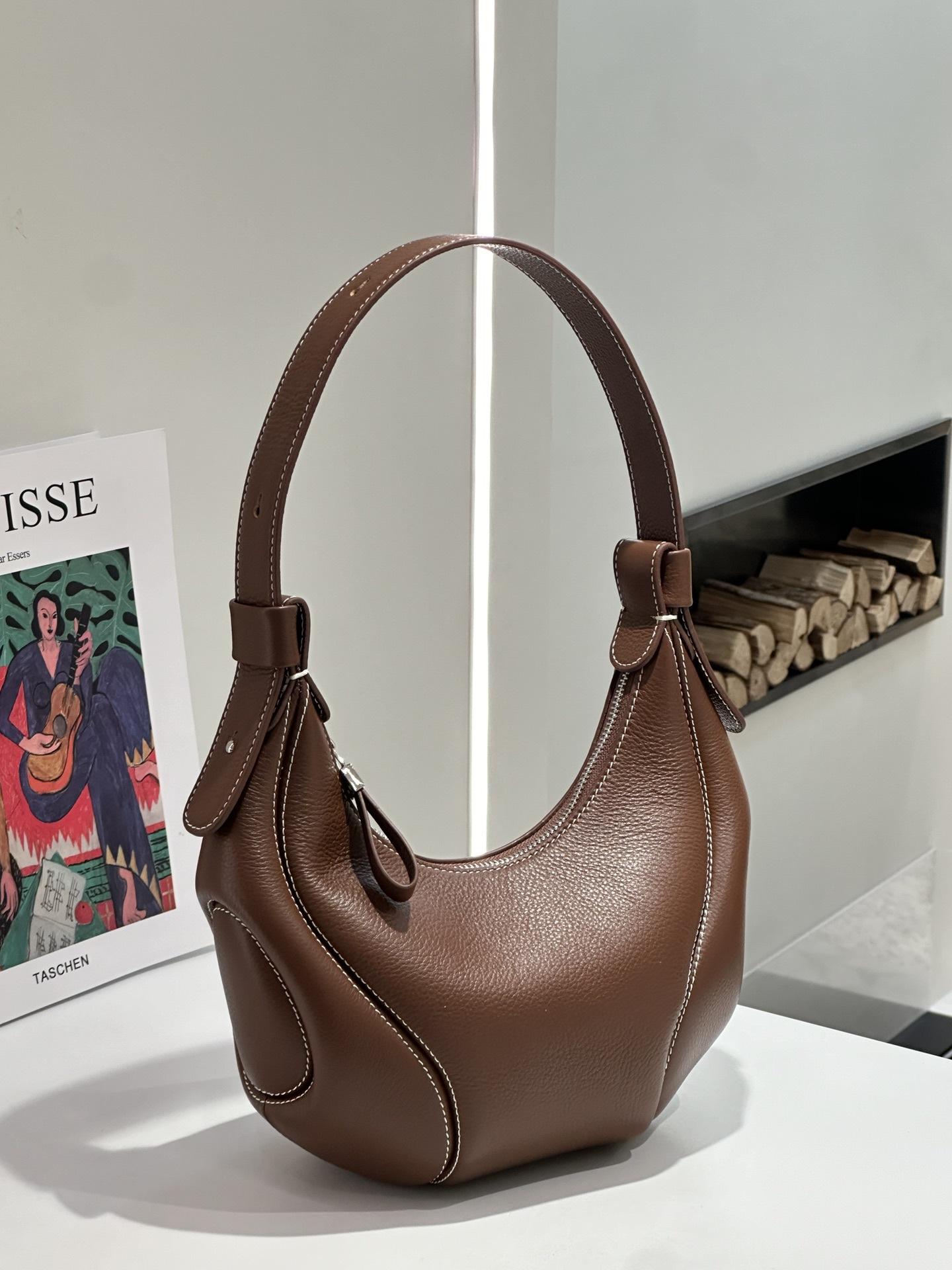 

Модная сумка из натуральной кожи через плечо, под мышку, новая коллекция весна-лето 2025, из первого слоя коровьей кожи, для通勤, ретро, сумка-круассан, сумка-мессенджер 27*24*11cm темно-коричневого