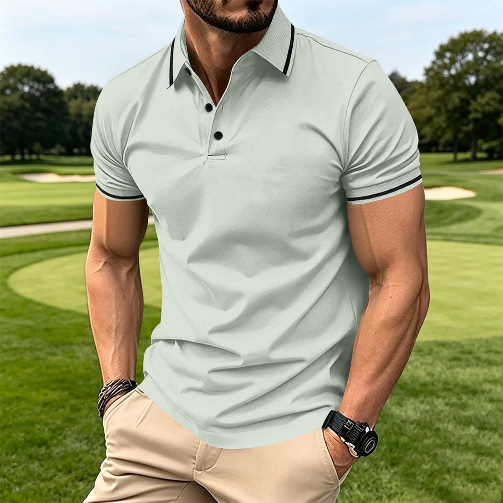 Men's Button Ribbed Collar Polo Shirt Short Sleeve Athletic Fit Casual Lightweight Breathable Fabric Summer Top