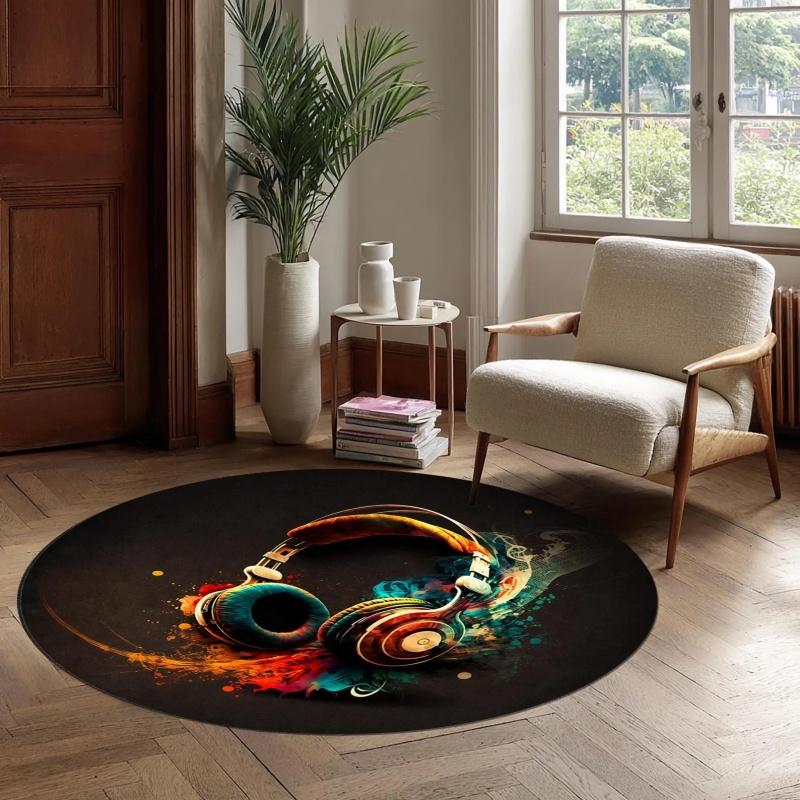 Round Black Gold Treble Clef Piano Key Musical Note Non Slip Floor Rug Music Studio Teacher Washable Indoor Living Room Bedroom Area Carpet