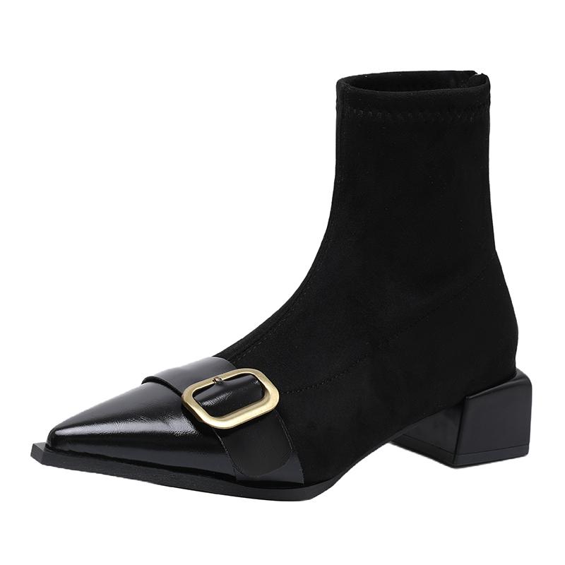 

Fashion Square Heel Single Boots Fall New Pointed Toe Metal Buckle Suede Rear Zip Anti-Slip Wear-Resistant Booties 42 чёрный