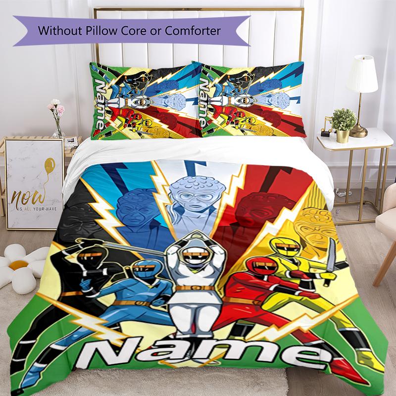 Ensemble de literie 3 pièces Nom personnalisé Dessin animé Mighty Morphin Power Rangers Housse de couette Fermeture Comprend 1 housse de couette et 2 taies d'oreiller Pour toutes les saisons Chambre D