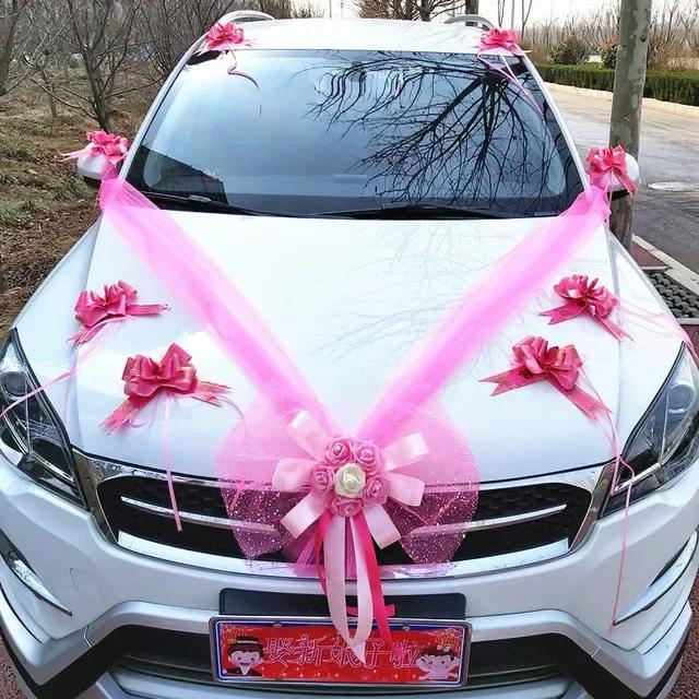 Свадебный Автомобиль Украшение Цветочный Набор Чехол Ручка Двери Ленты Шелковый Цветочный Гирлянда С Тюлем Роза Аксессуар Свадебный Декор2025 розовый