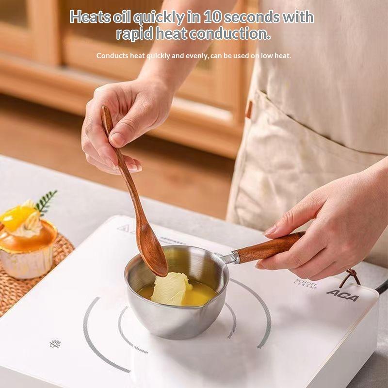 Stainless Steel Small Sauce Pan with Heat Insulation Wooden Handle Dual Pour Spouts for Kitchen Baby Porridge Cooking Milk Heating