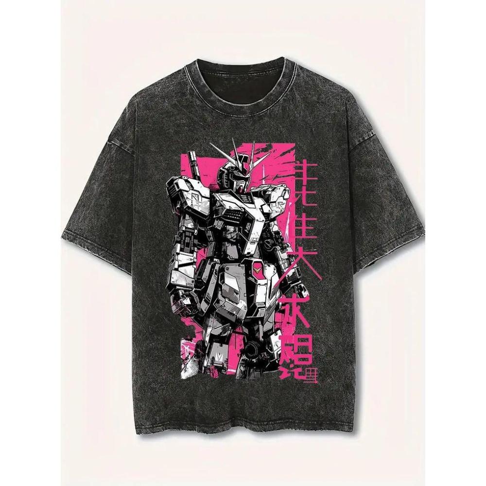 

Gundam T Shirt Men Vintage Acid Wash Pink Cyberpunk Mecha Streetwear Retro Mobile Suit Japanese Graphic Tees M